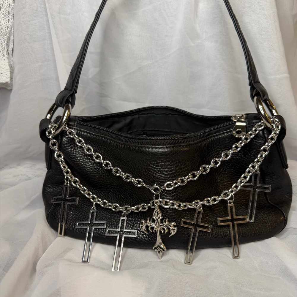 Wilsons Leather Black Shoulder Bag with Silver Cross Chains
